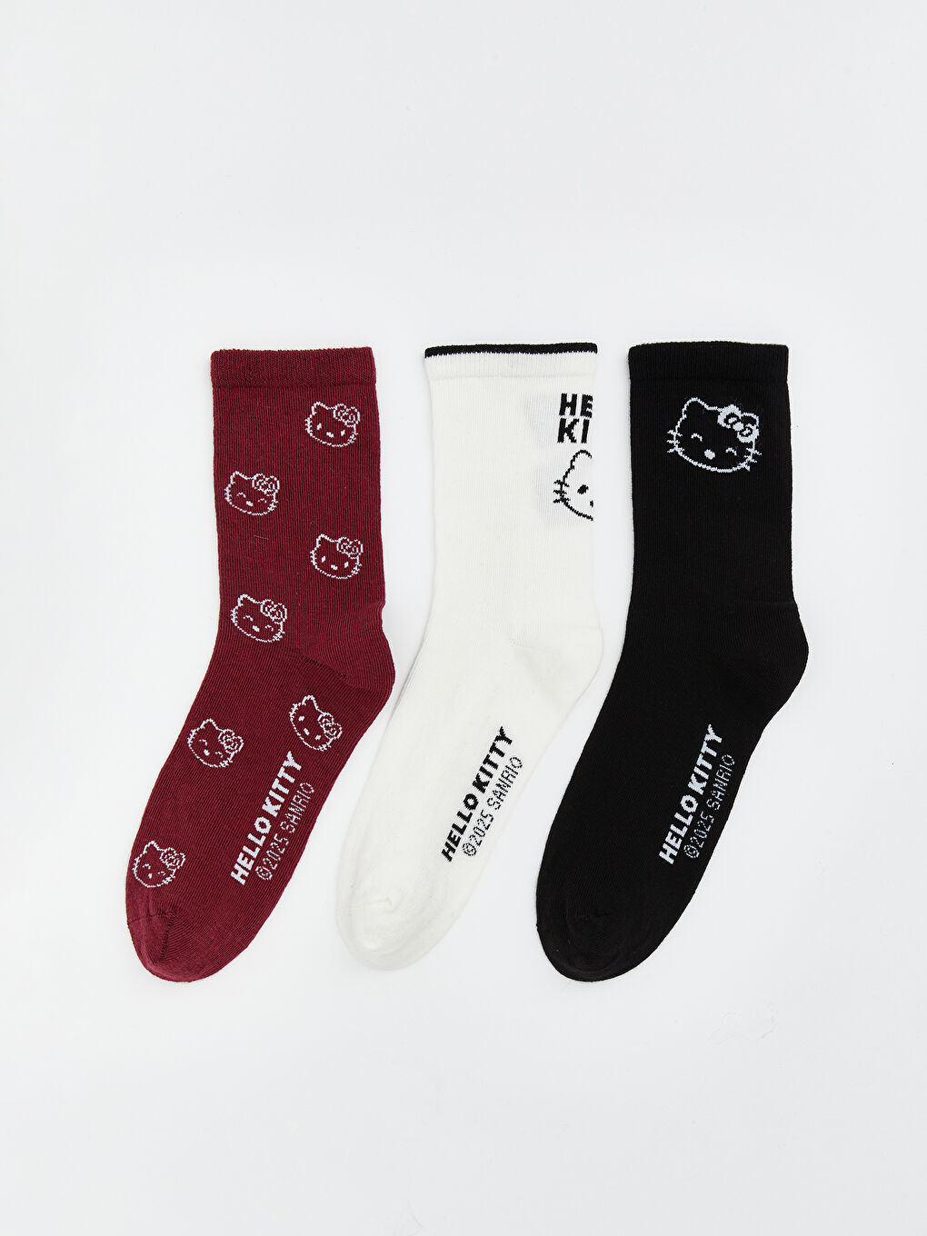 Bordo Hello Kitty Baskılı Kadın Soket Çorap 3'lü