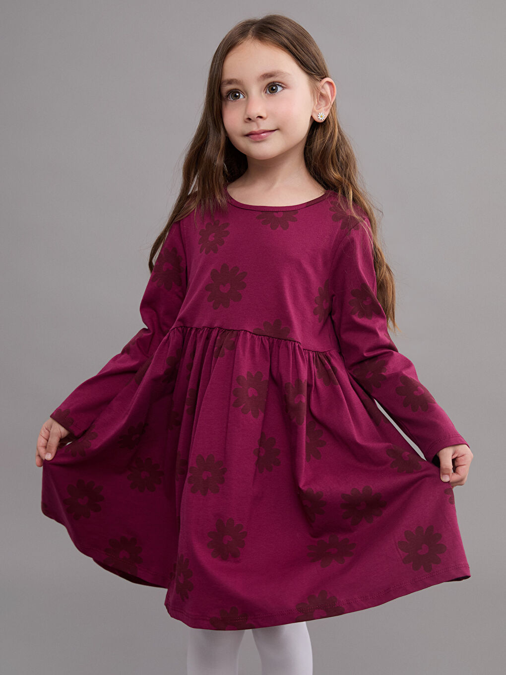 Bordo Çiçekli Penye Kız Çocuk Elbise-1