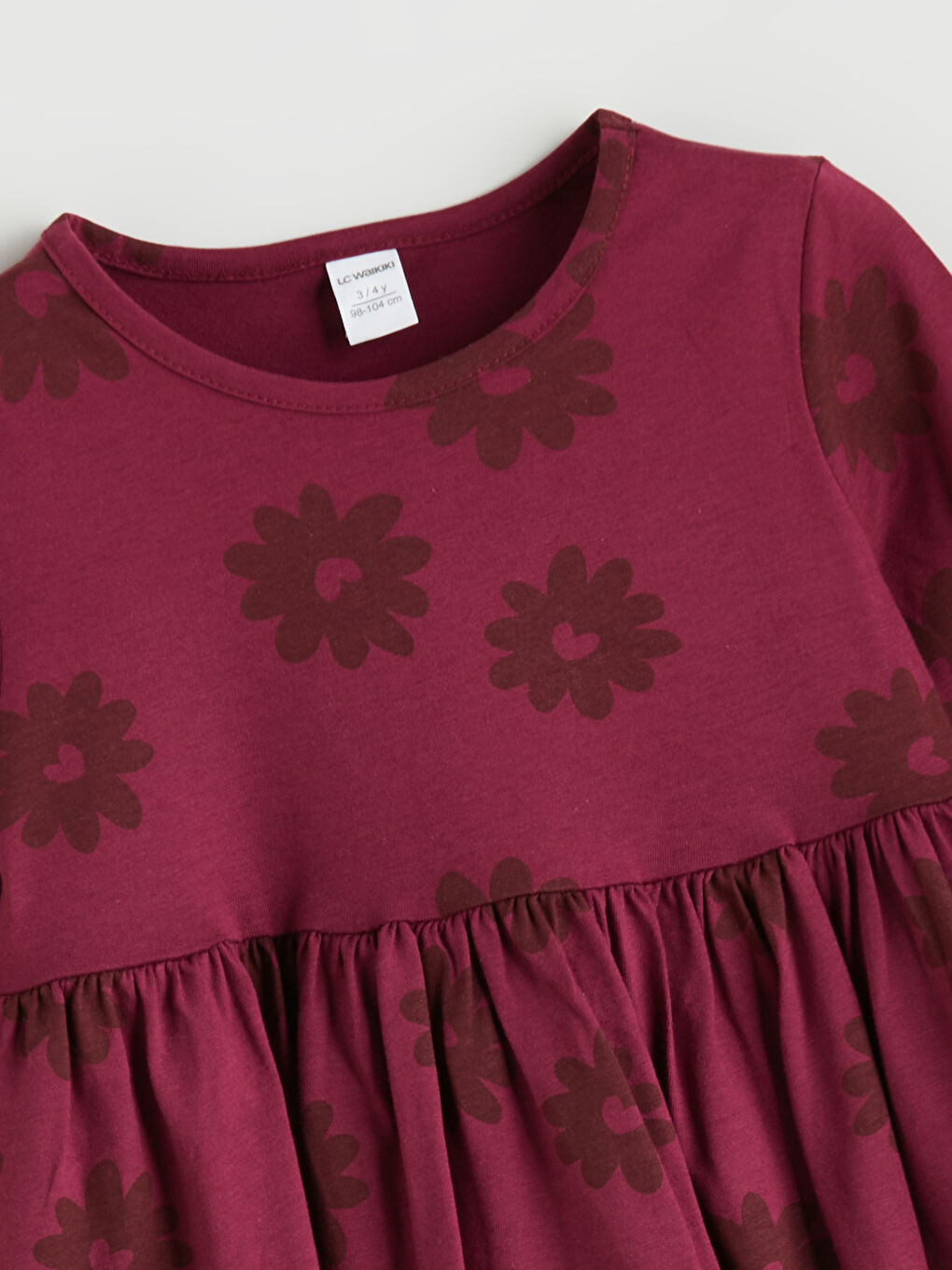 Bordo Çiçekli Penye Kız Çocuk Elbise-3