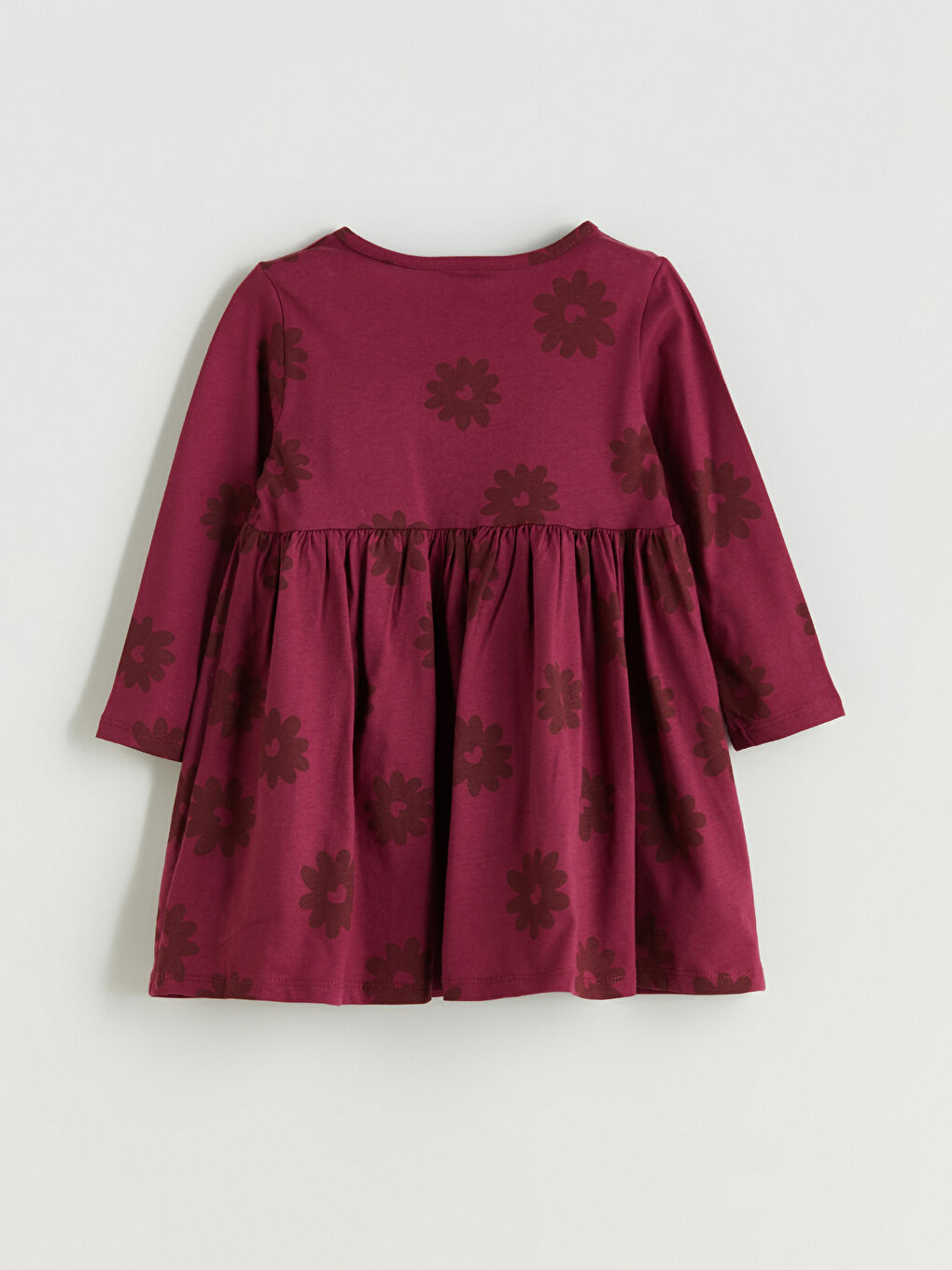 Bordo Çiçekli Penye Kız Çocuk Elbise-4