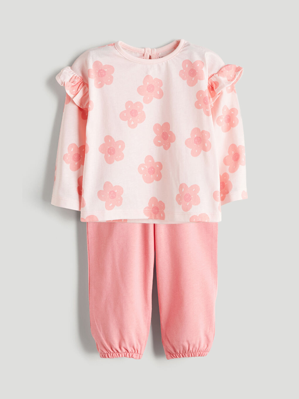 Pembe Çiçek Baskılı Fırfırlı Kız Bebek Bluz ve Tayt 2'li