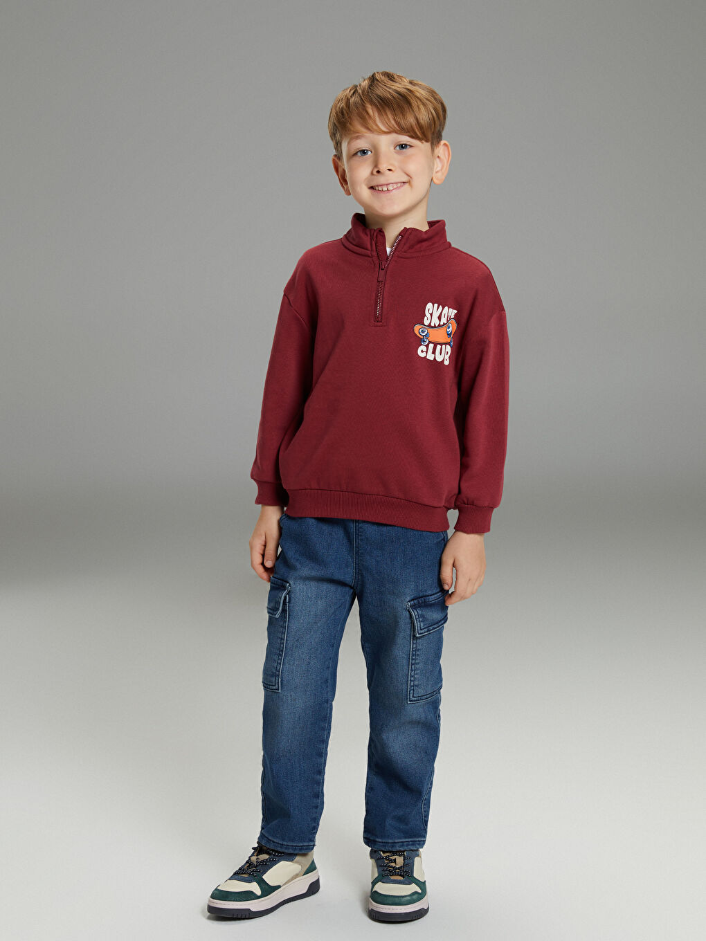Bordo Dik Yaka Erkek Çocuk Sweatshirt-1
