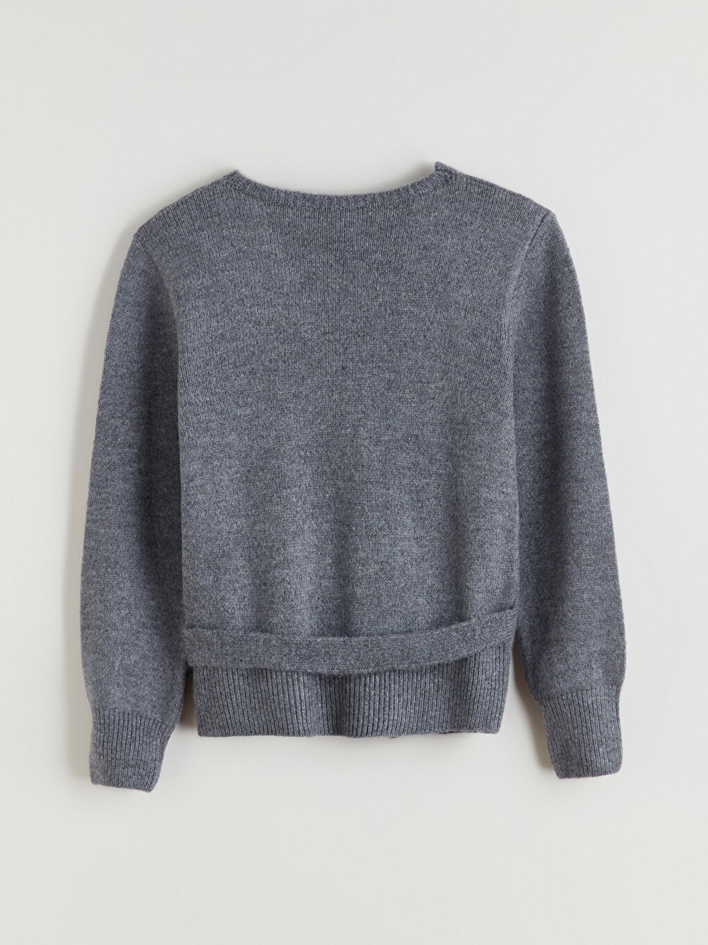 Gri Kruvaze Yaka Kadın Triko Kazak-6