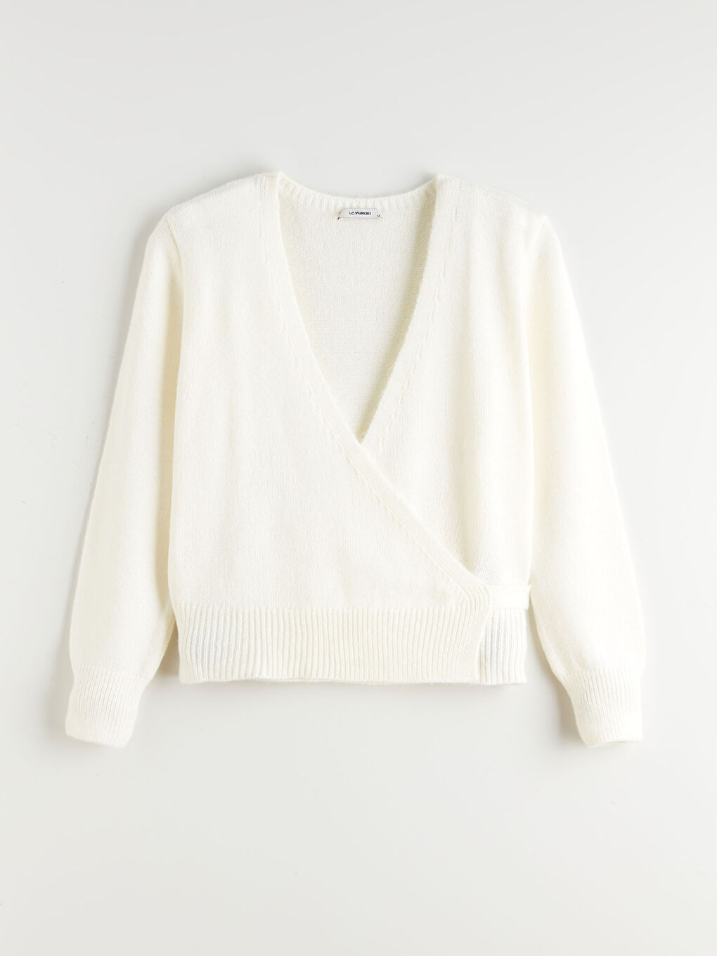 Ekru Kruvaze Yaka Kadın Triko Kazak-4