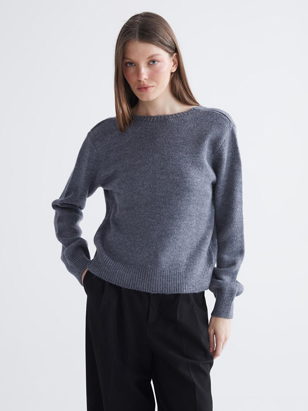 Gri Bağlamalı Yaka Fiyonklu Kadın Triko Hırka-2