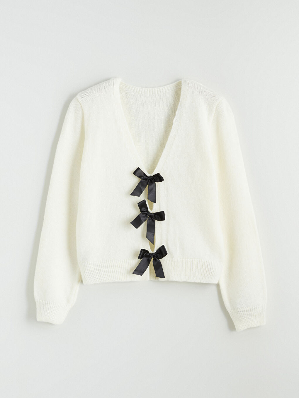 Ekru V Yaka Kadın Triko Hırka-8