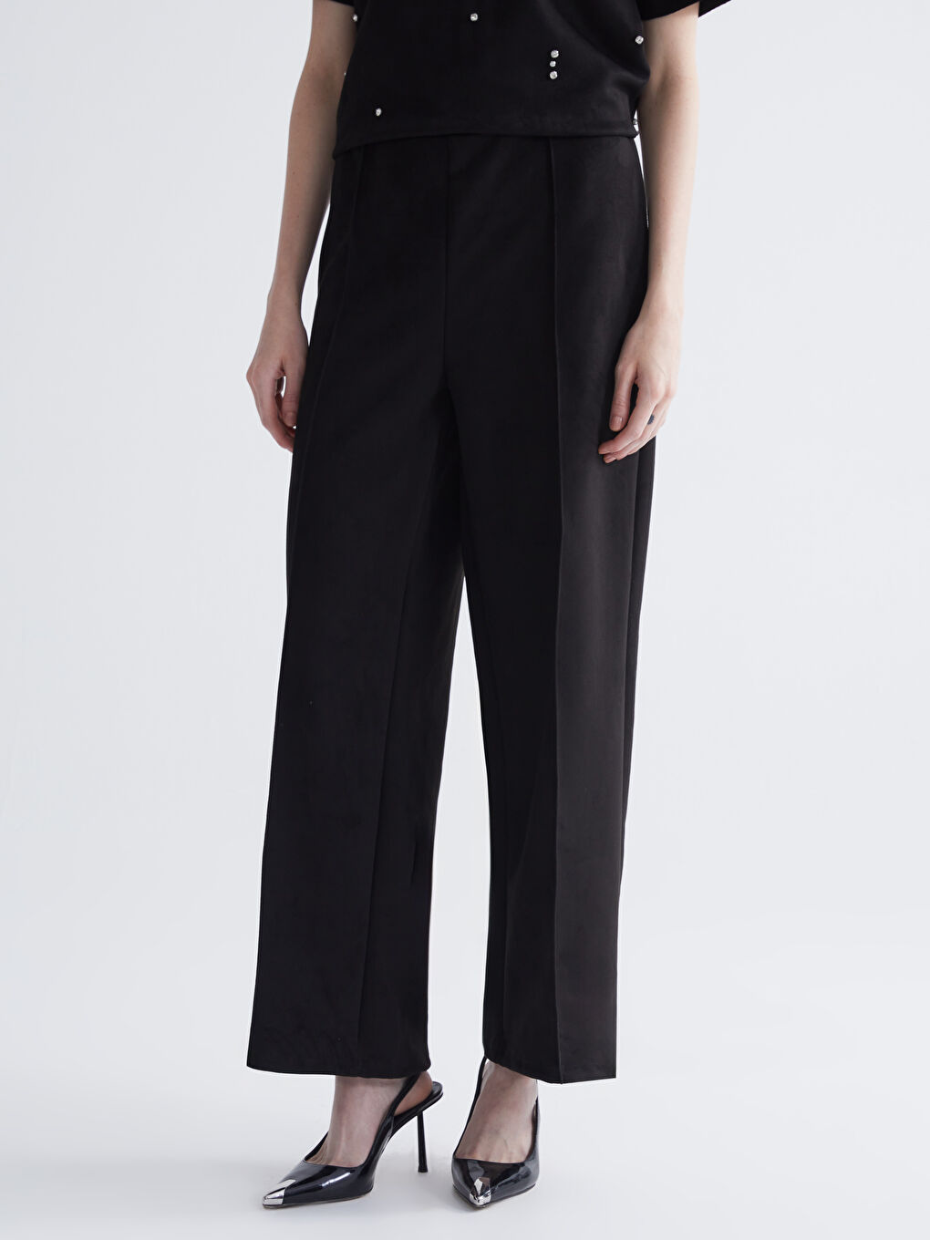 Siyah Beli Lastikli Kadın Süet Pantolon-1