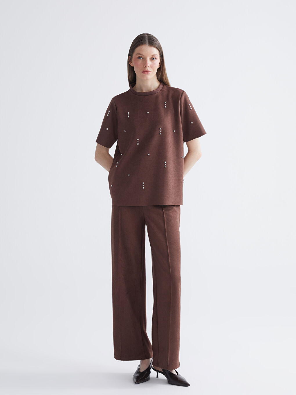 Kahverengi Beli Lastikli Kadın Süet Pantolon