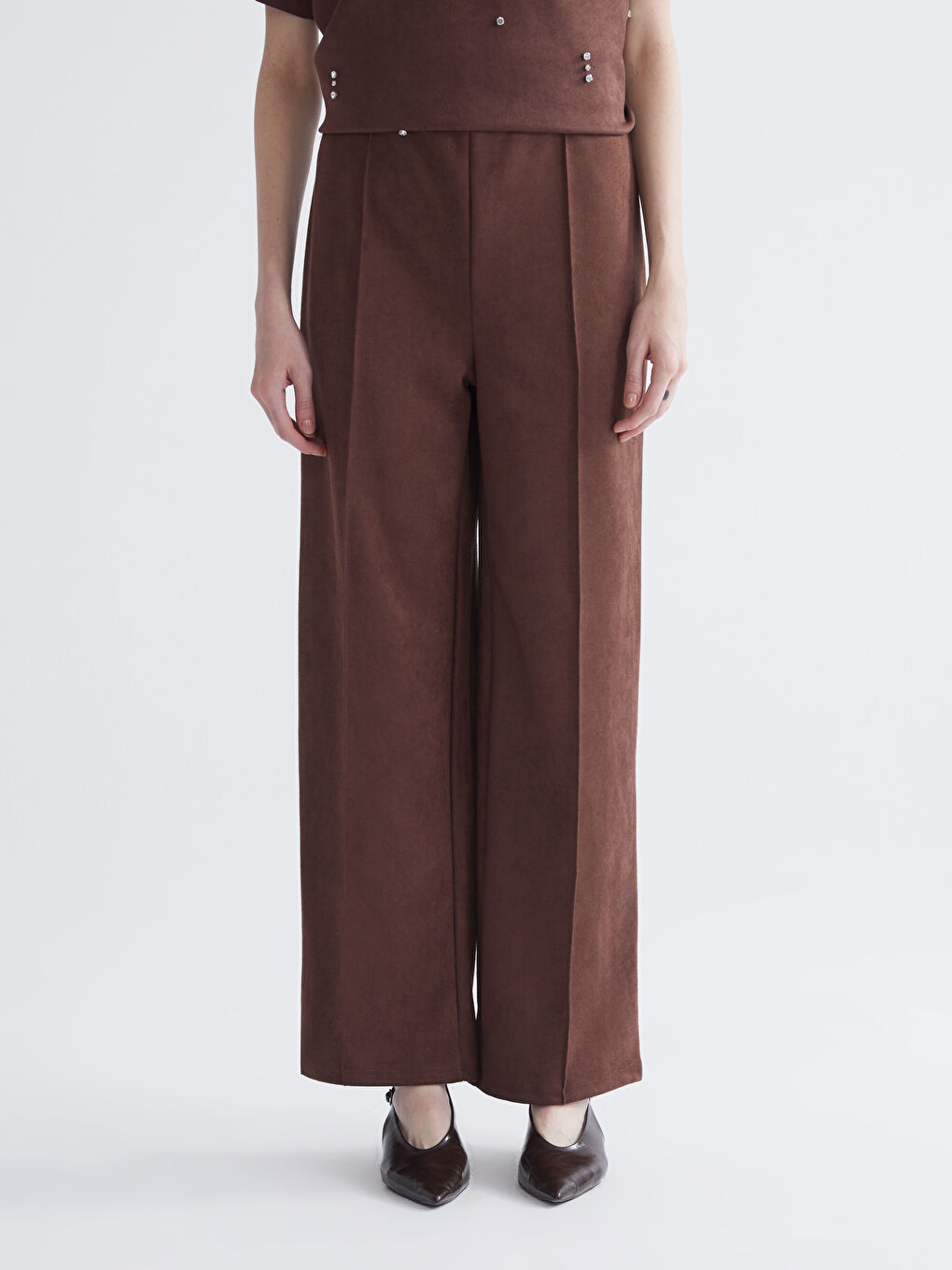 Kahverengi Beli Lastikli Kadın Süet Pantolon-1