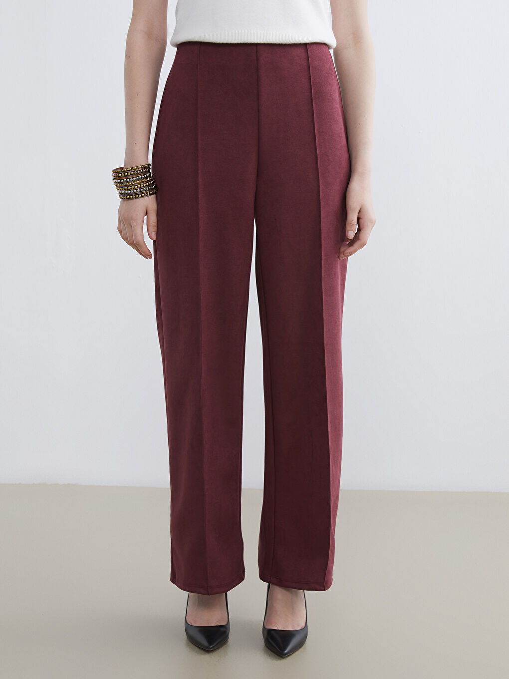 Mürdüm Beli Lastikli Kadın Süet Pantolon-1
