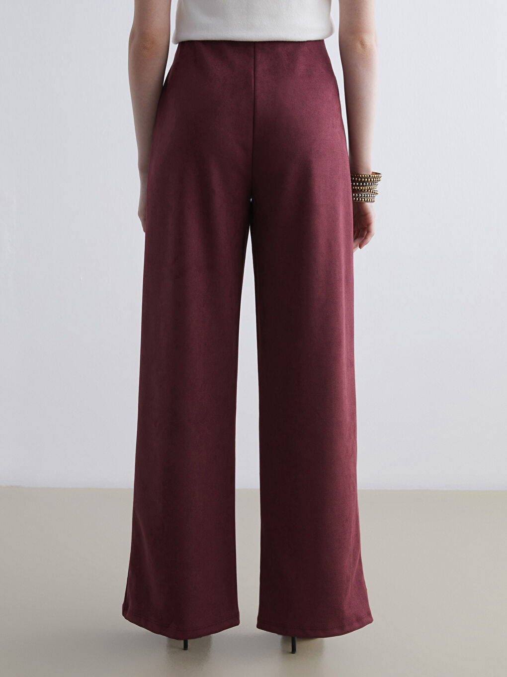 Mürdüm Beli Lastikli Kadın Süet Pantolon-3