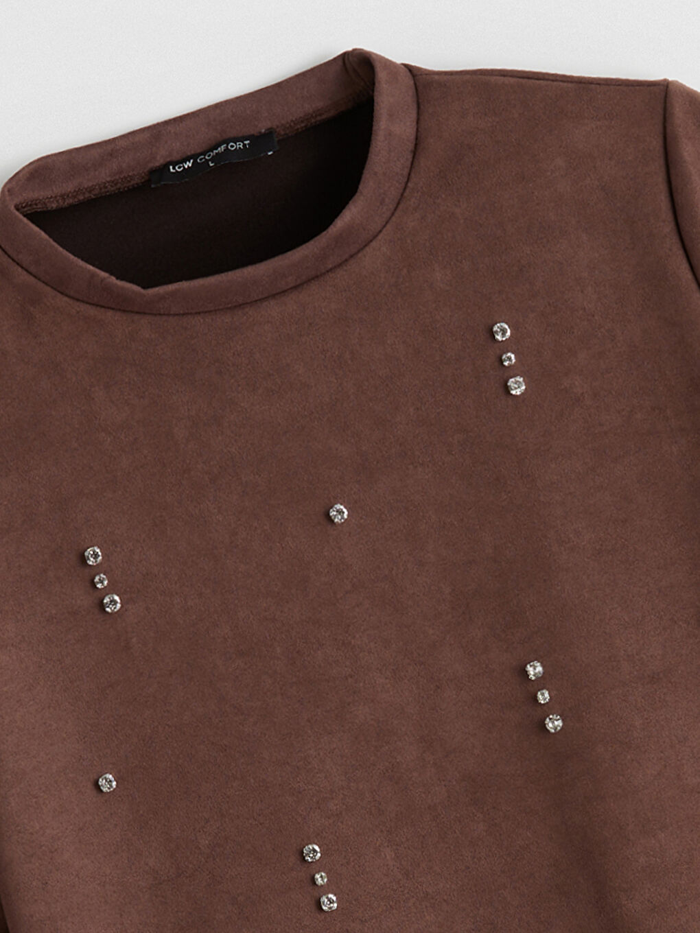 Kahverengi Bisiklet Yaka Taşlı Süet Görünümlü Bluz-5
