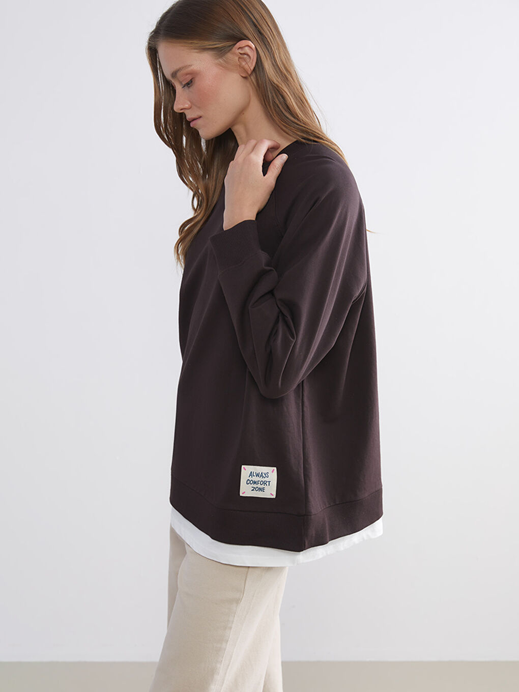 Kahverengi Bisiklet Yaka Oversize Kadın Sweatshirt