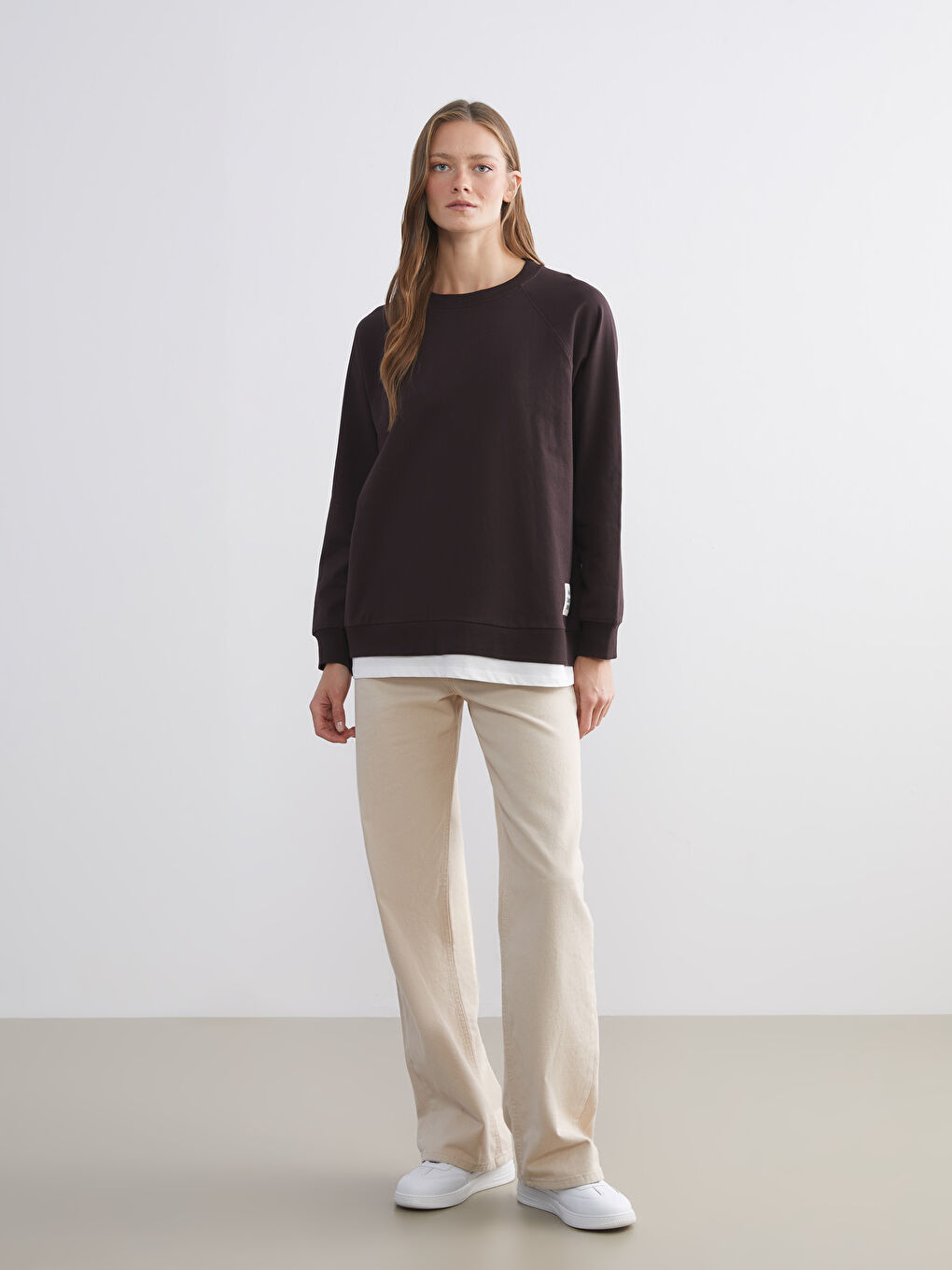 Kahverengi Bisiklet Yaka Oversize Kadın Sweatshirt-1