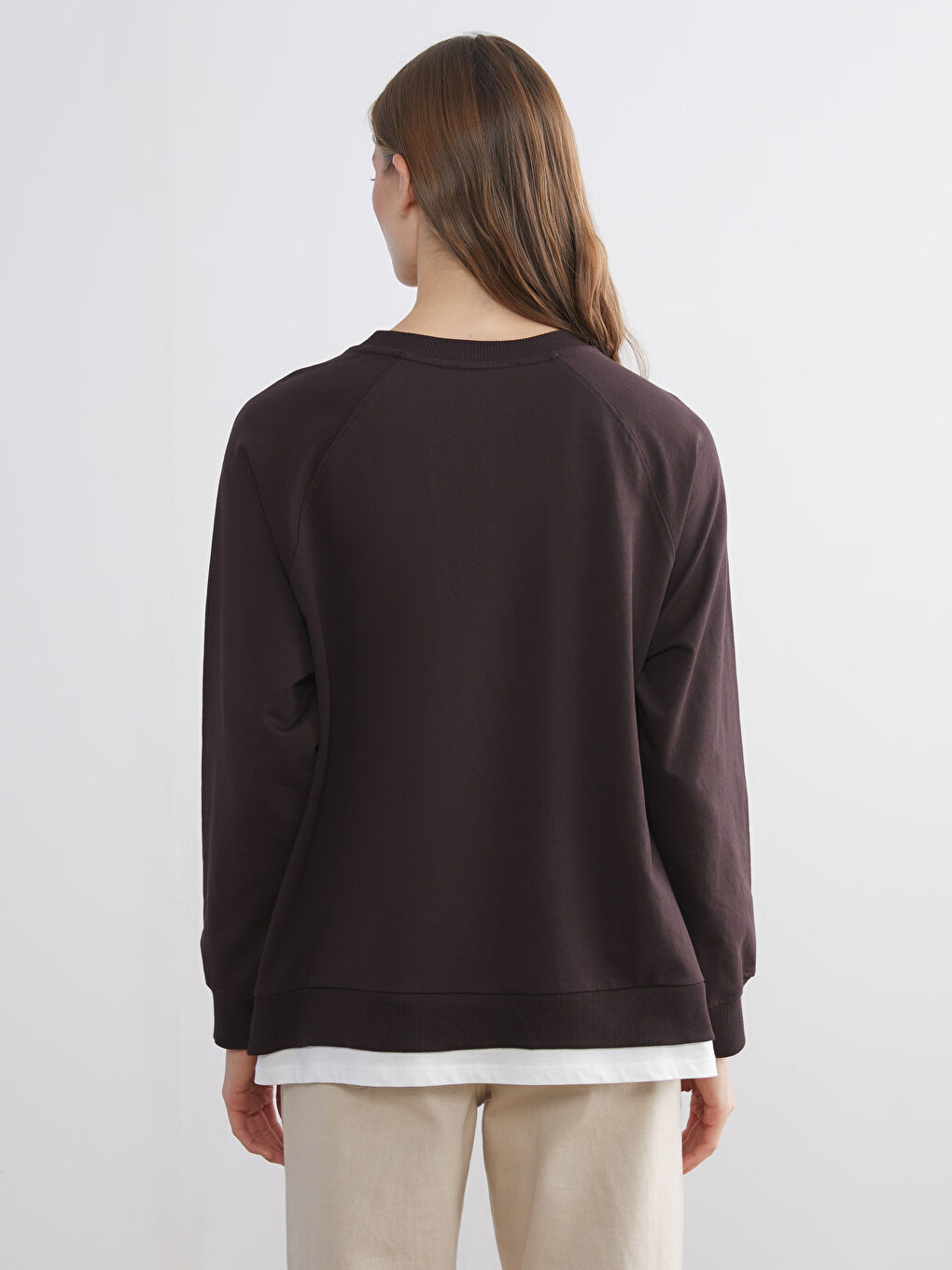 Kahverengi Bisiklet Yaka Oversize Kadın Sweatshirt-3