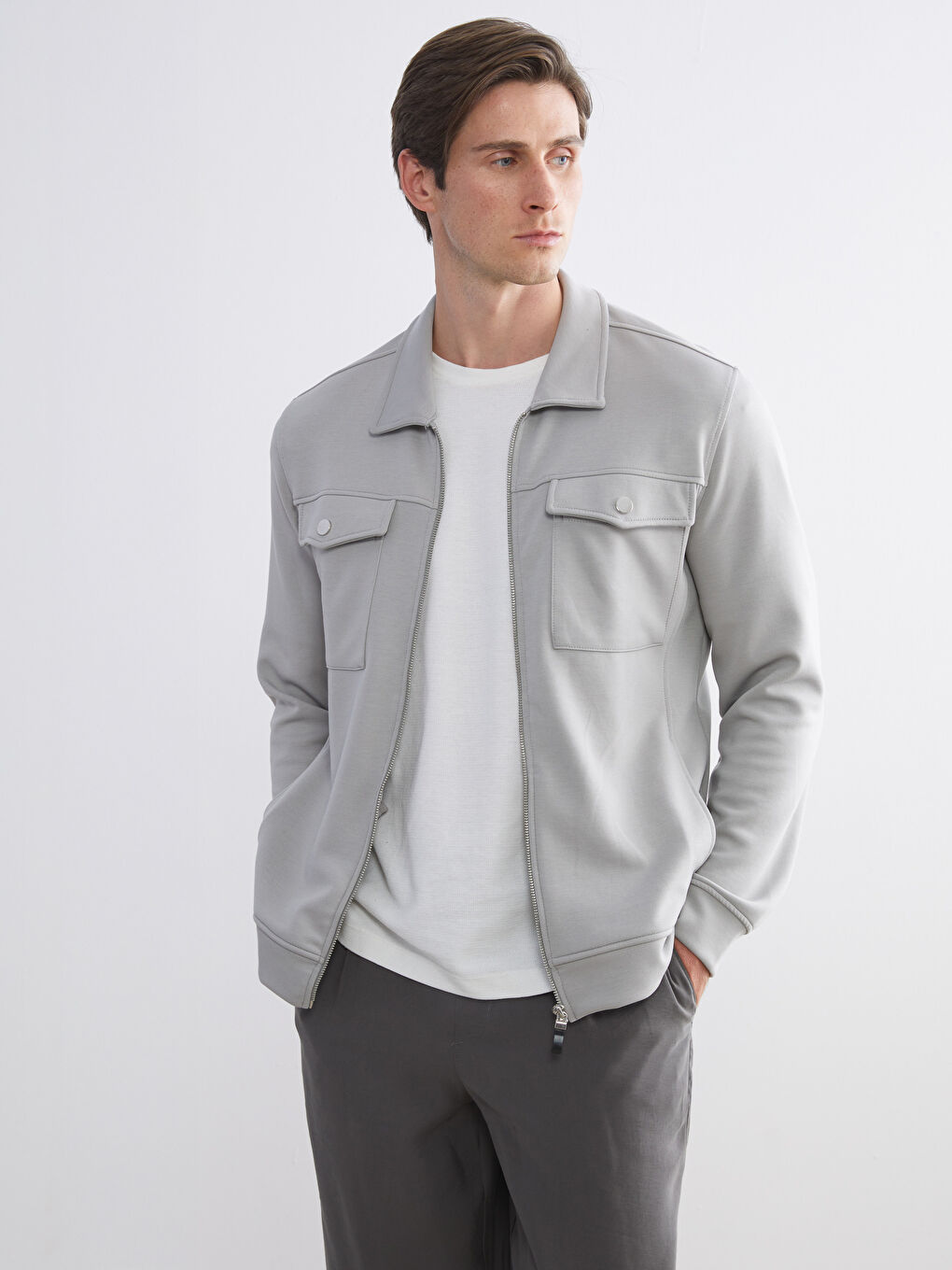 Gri Standart Kalıp Gömlek Yaka Erkek Ceket