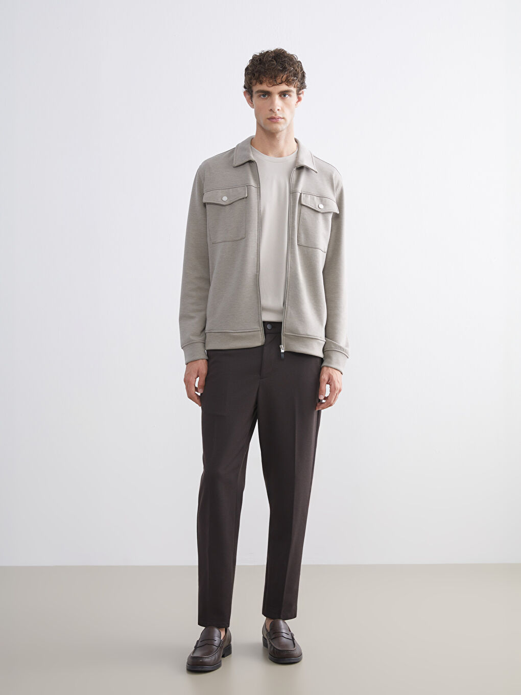 Bej Standart Kalıp Gömlek Yaka Erkek Ceket-1