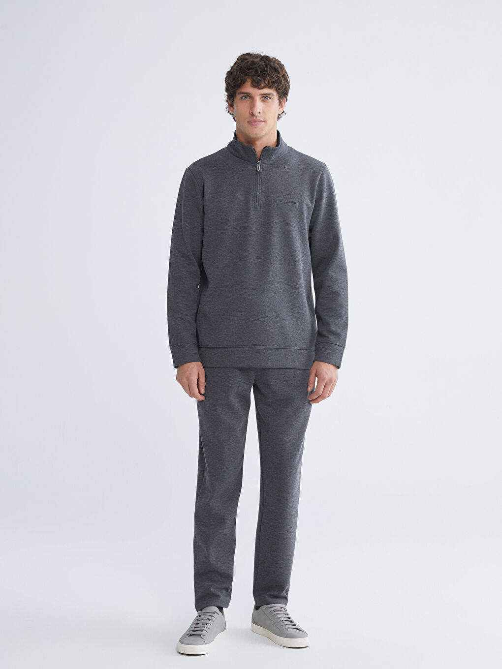 Antrasit Fermuarlı Dik Yaka Uzun Kollu Erkek Sweatshirt-1