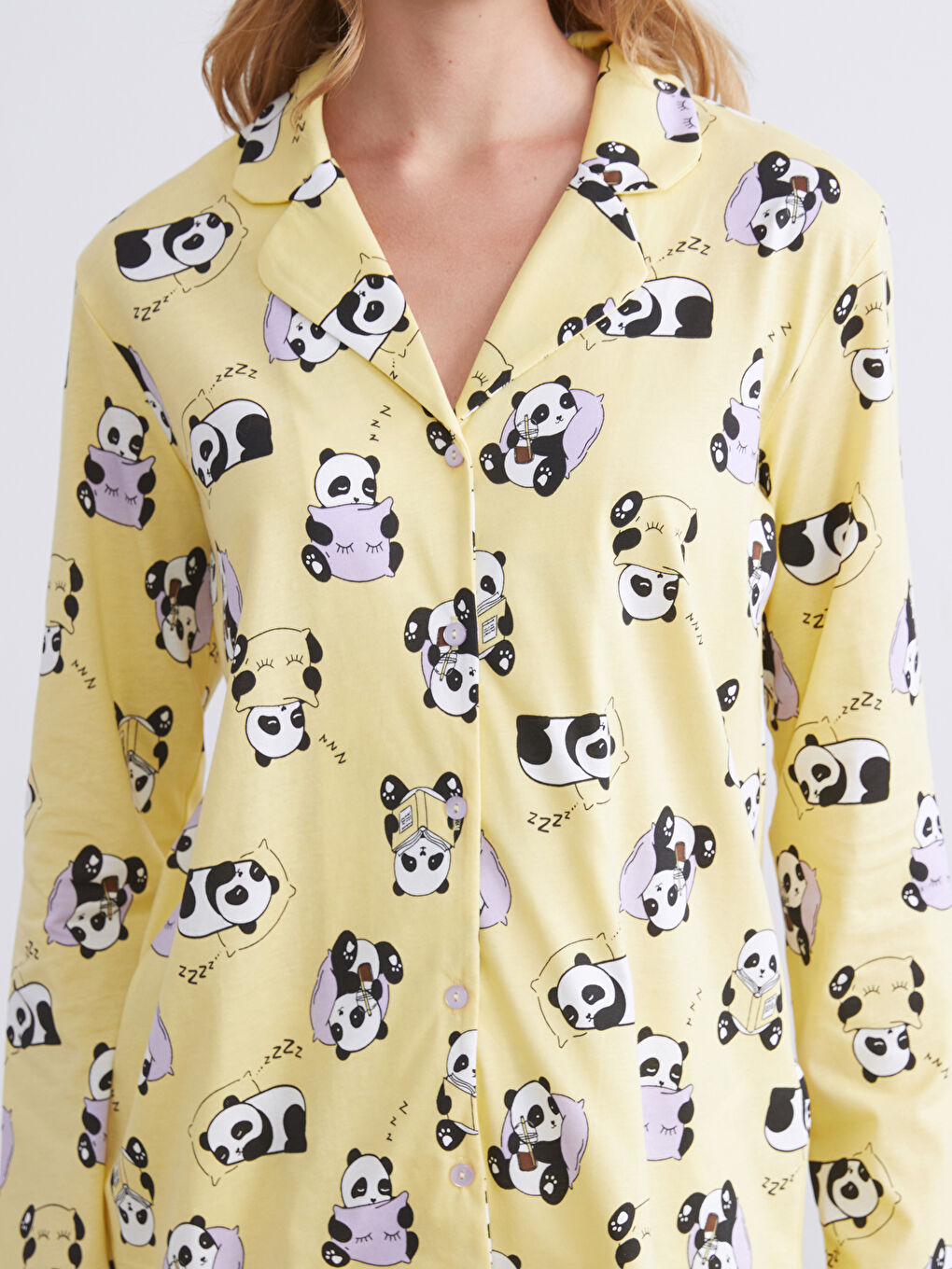 Sarı Gömlek Yaka Baskılı Kadın Pijama Üstü-1