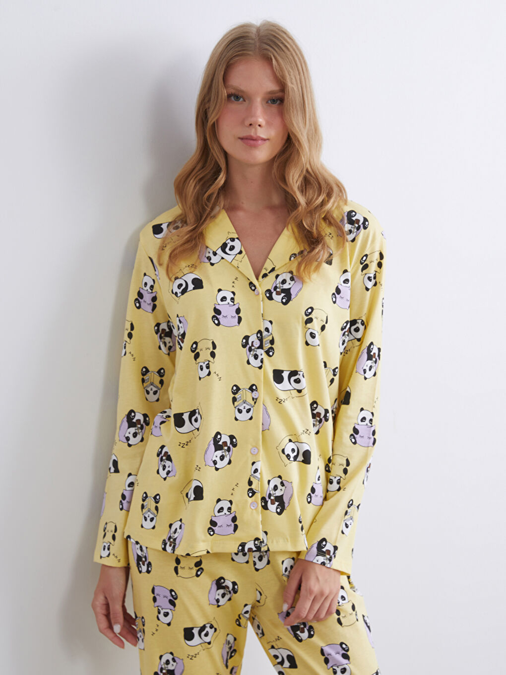 Sarı Gömlek Yaka Baskılı Kadın Pijama Takımı