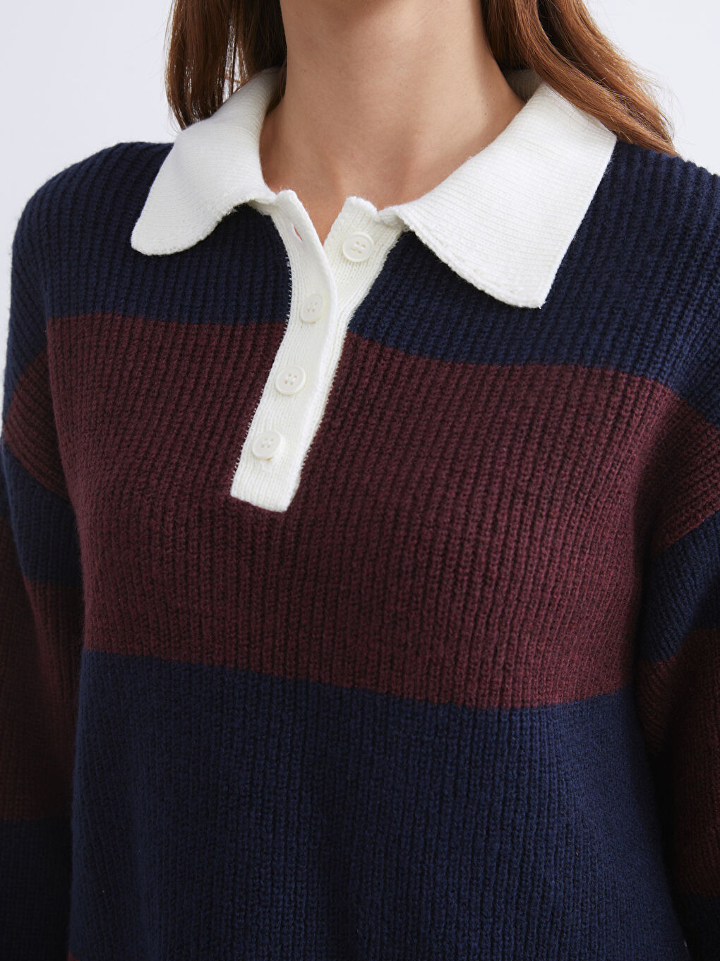 LCWAIKIKI Classic Polo Neck Long Sleeve Women's Tricot Sweater with Color Block -W5J907Z8-LET