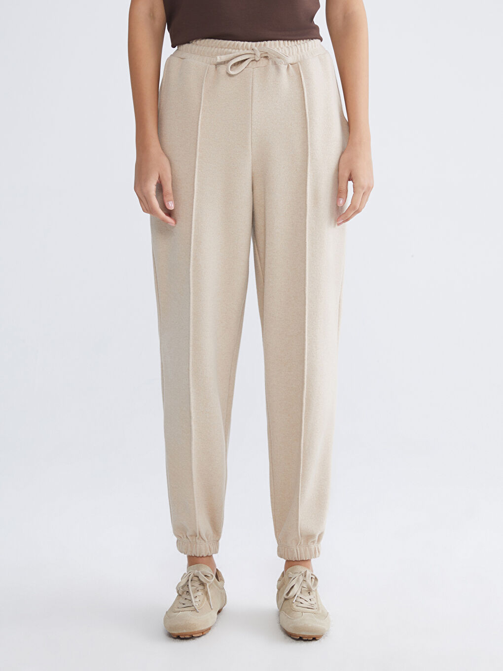 Bej Beli Lastikli Kadın Jogger Eşofman Altı-1