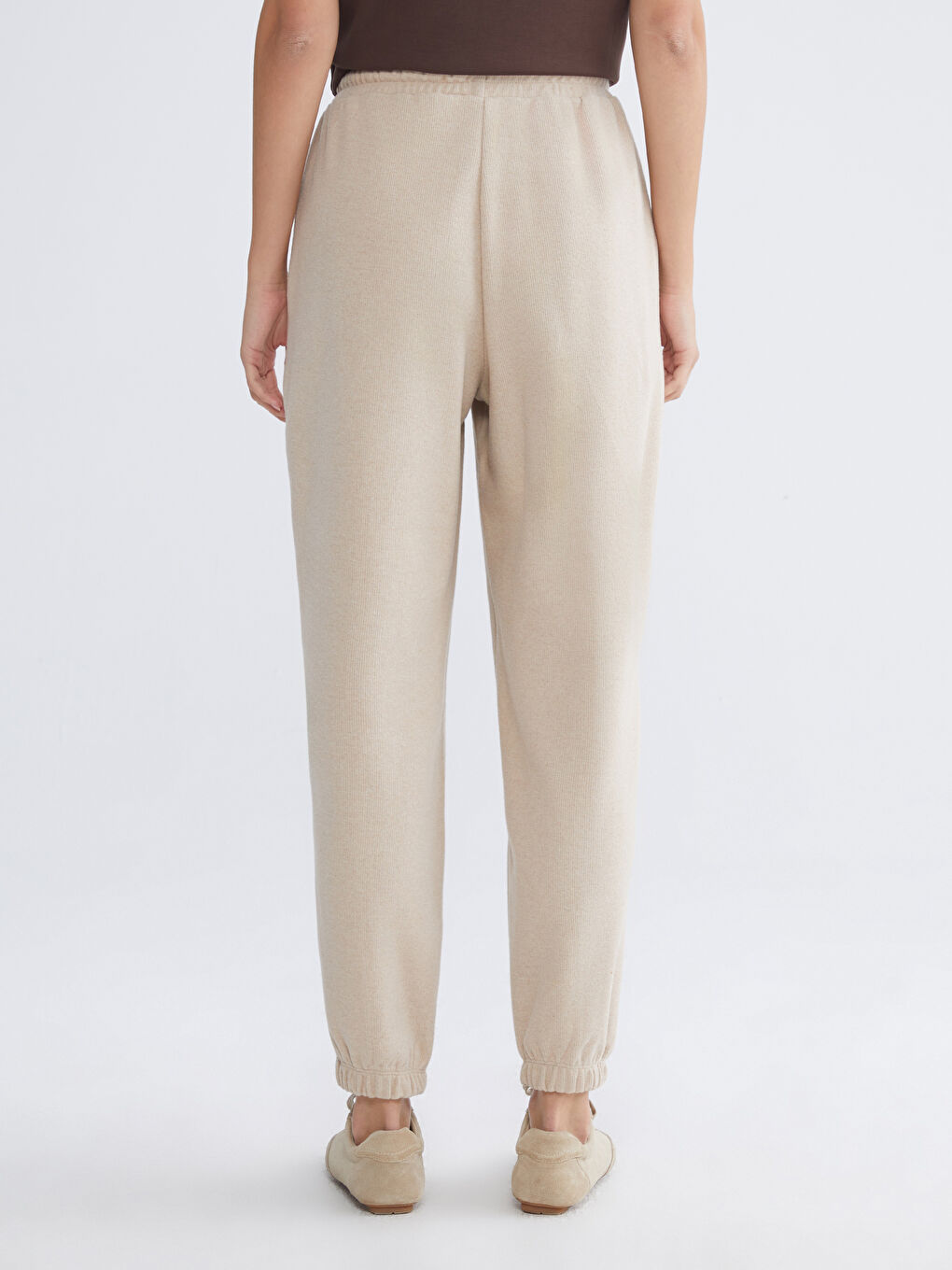 Bej Beli Lastikli Kadın Jogger Eşofman Altı-3