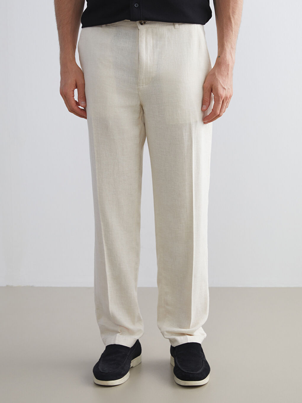 Bej Standart Kalıp Keten Erkek Pantolon-1