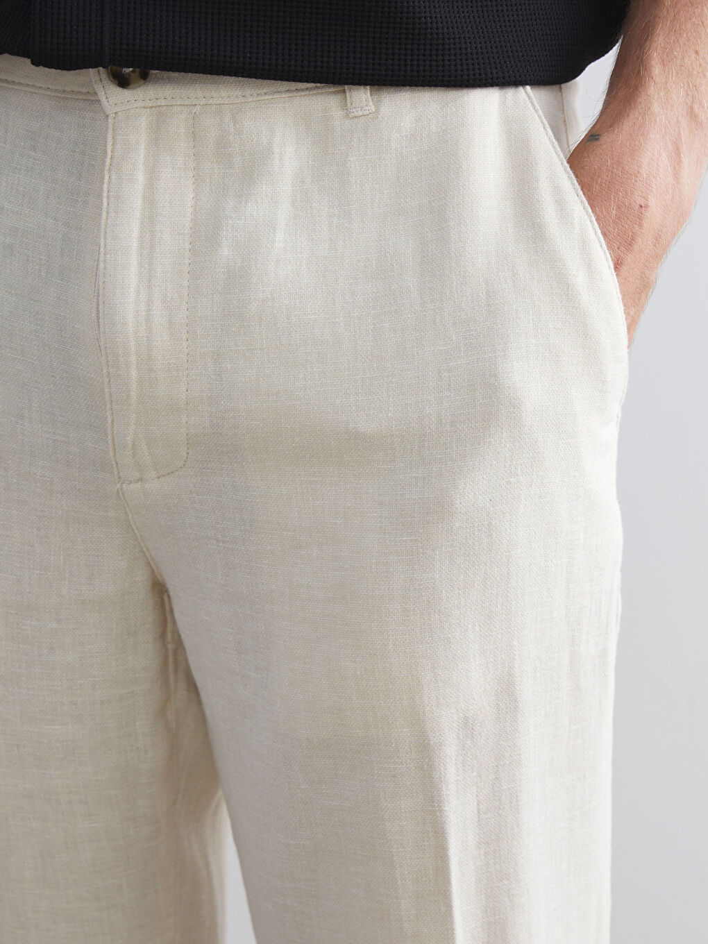 Bej Standart Kalıp Keten Erkek Pantolon-2