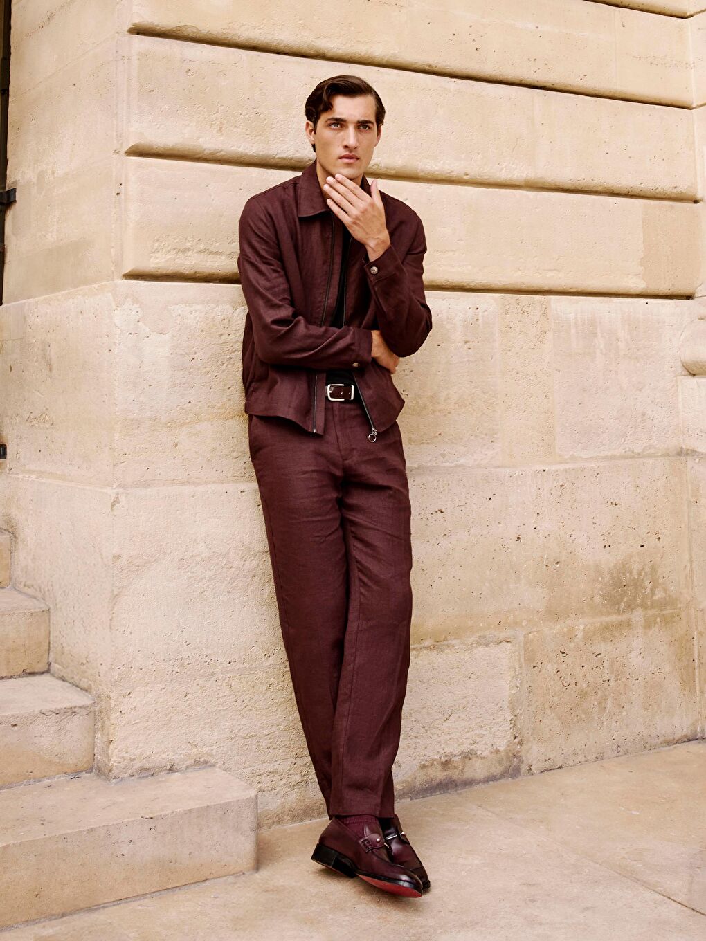 Kahverengi Standart Kalıp Keten Erkek Pantolon