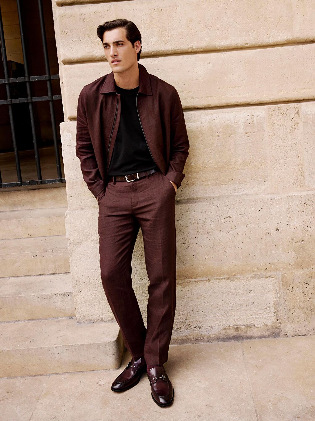 Kahverengi Standart Kalıp Keten Erkek Pantolon-1