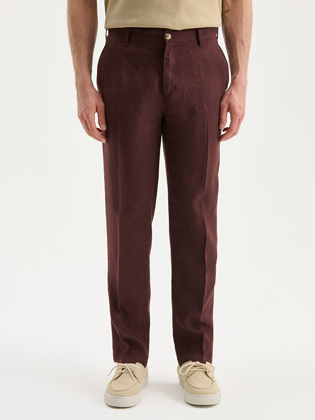 Kahverengi Standart Kalıp Keten Erkek Pantolon-3