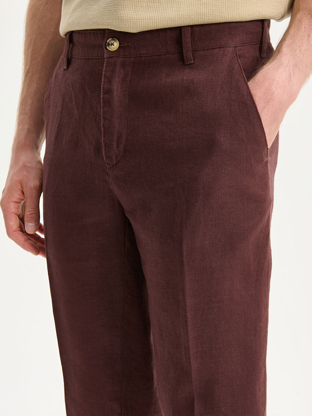 Kahverengi Standart Kalıp Keten Erkek Pantolon-4
