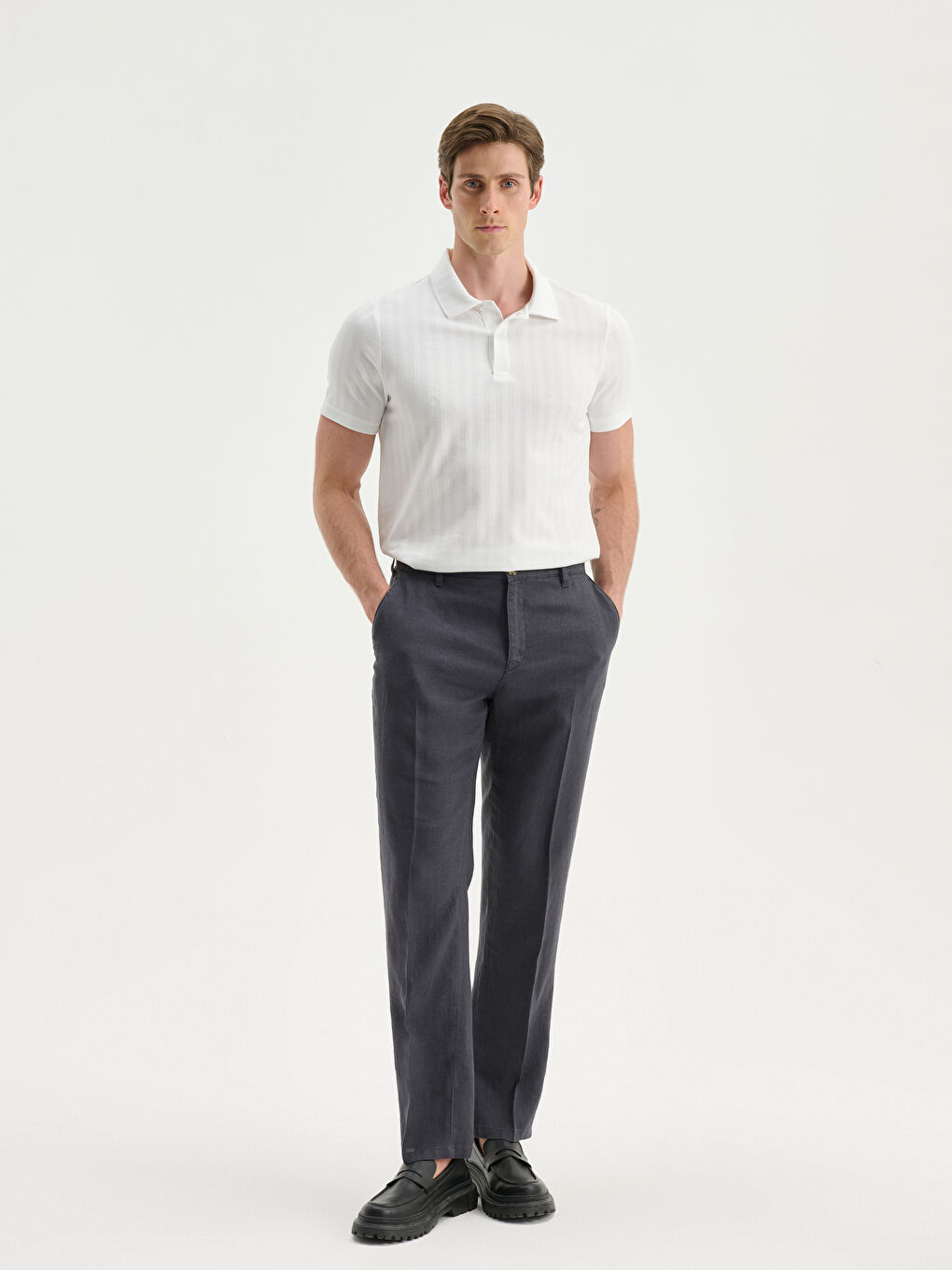 Antrasit Standart Kalıp Keten Erkek Pantolon