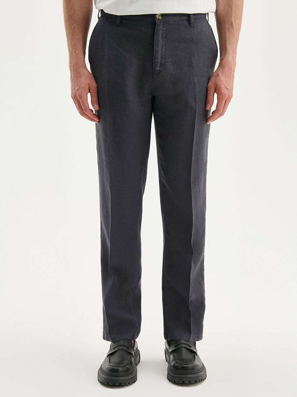 Antrasit Standart Kalıp Keten Erkek Pantolon-1
