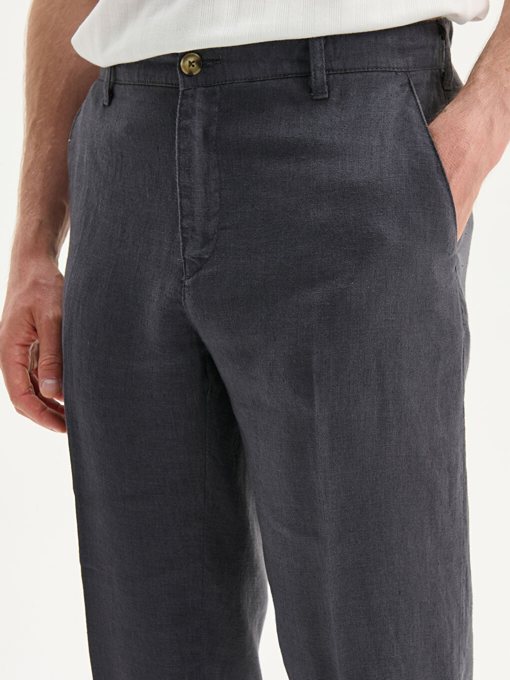 Antrasit Standart Kalıp Keten Erkek Pantolon-2