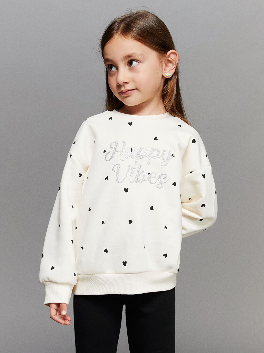 Ekru Bisiklet Yaka Baskılı Kız Çocuk Kalın Sweatshirt