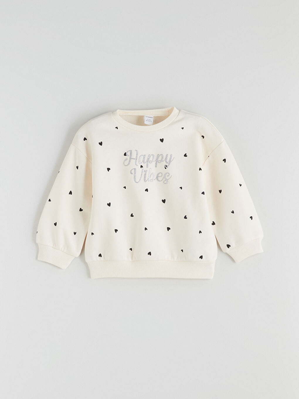 Ekru Bisiklet Yaka Baskılı Kız Çocuk Kalın Sweatshirt-1