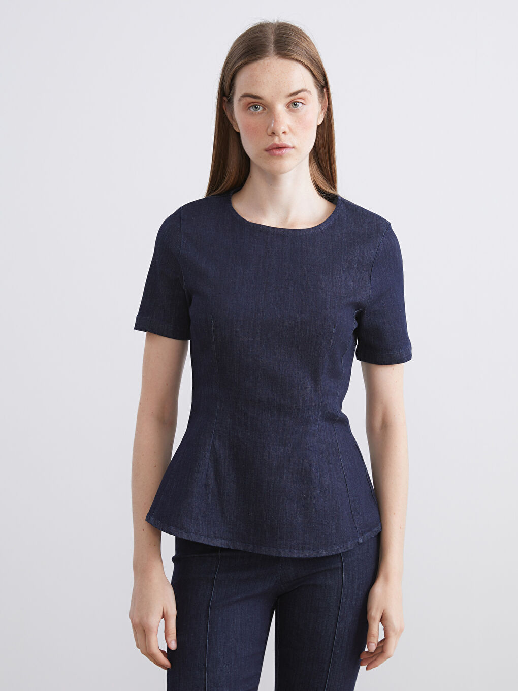 İndigo Bisiklet Yaka Peplum Jean Bluz