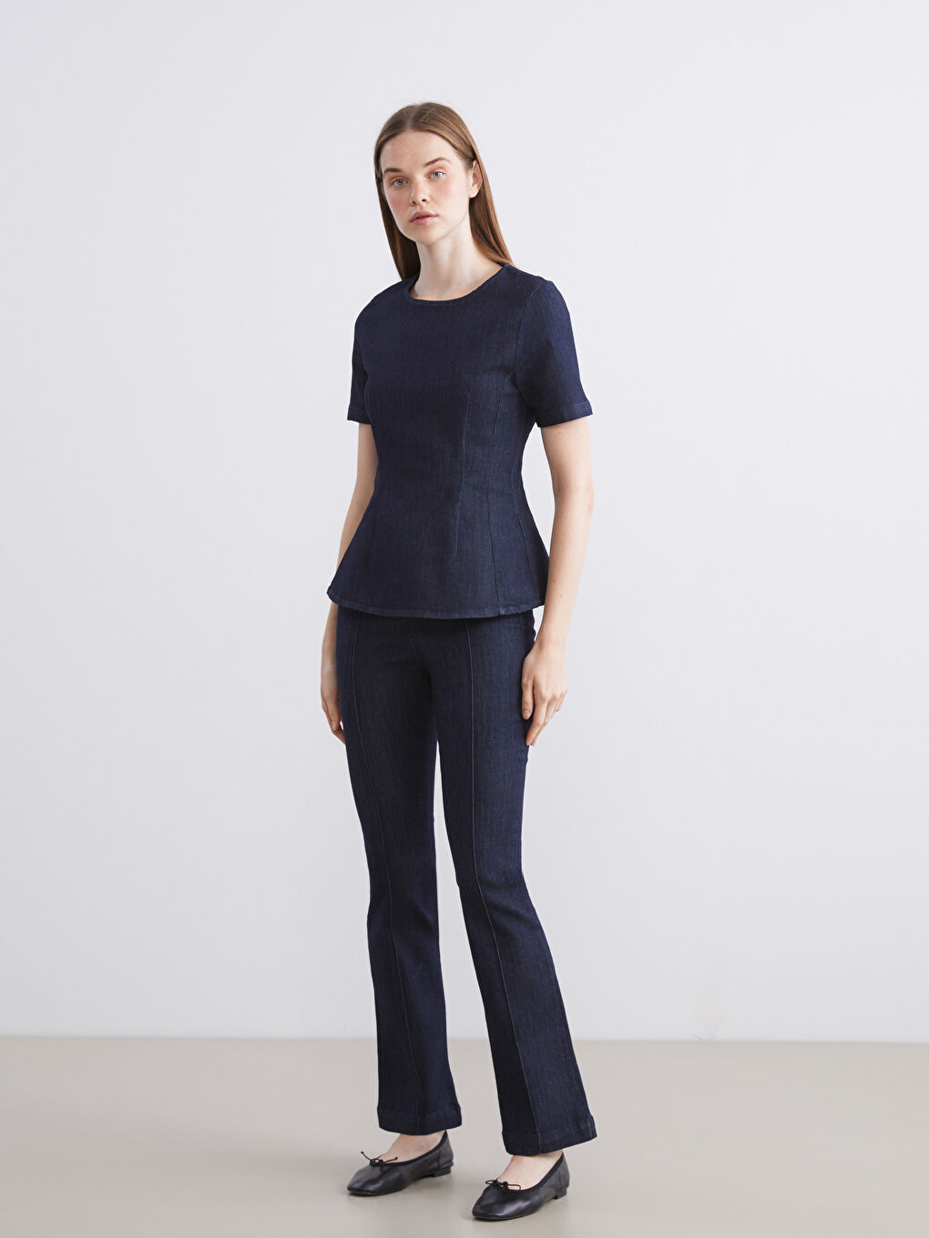 İndigo Bisiklet Yaka Peplum Jean Bluz-1