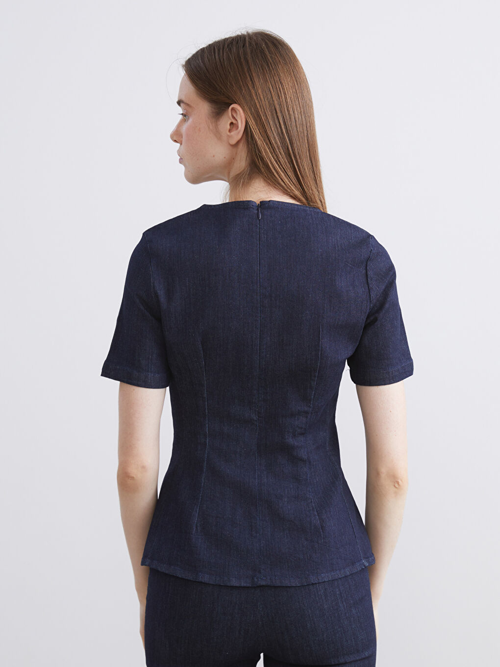 İndigo Bisiklet Yaka Peplum Jean Bluz-3