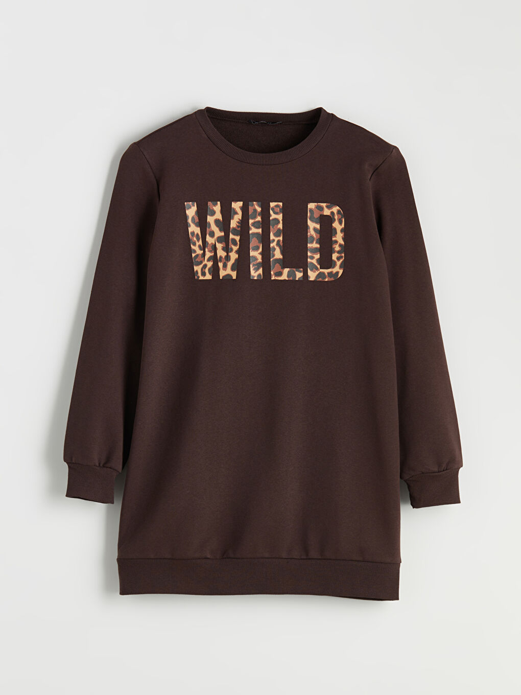 Kahverengi Bisiklet Yaka Leopar Desenli Kadın Sweatshirt Tunik-4