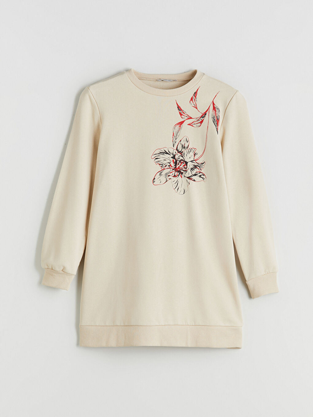 Bej Bisiklet Yaka Çiçekli Kadın Sweatshirt Tunik-4