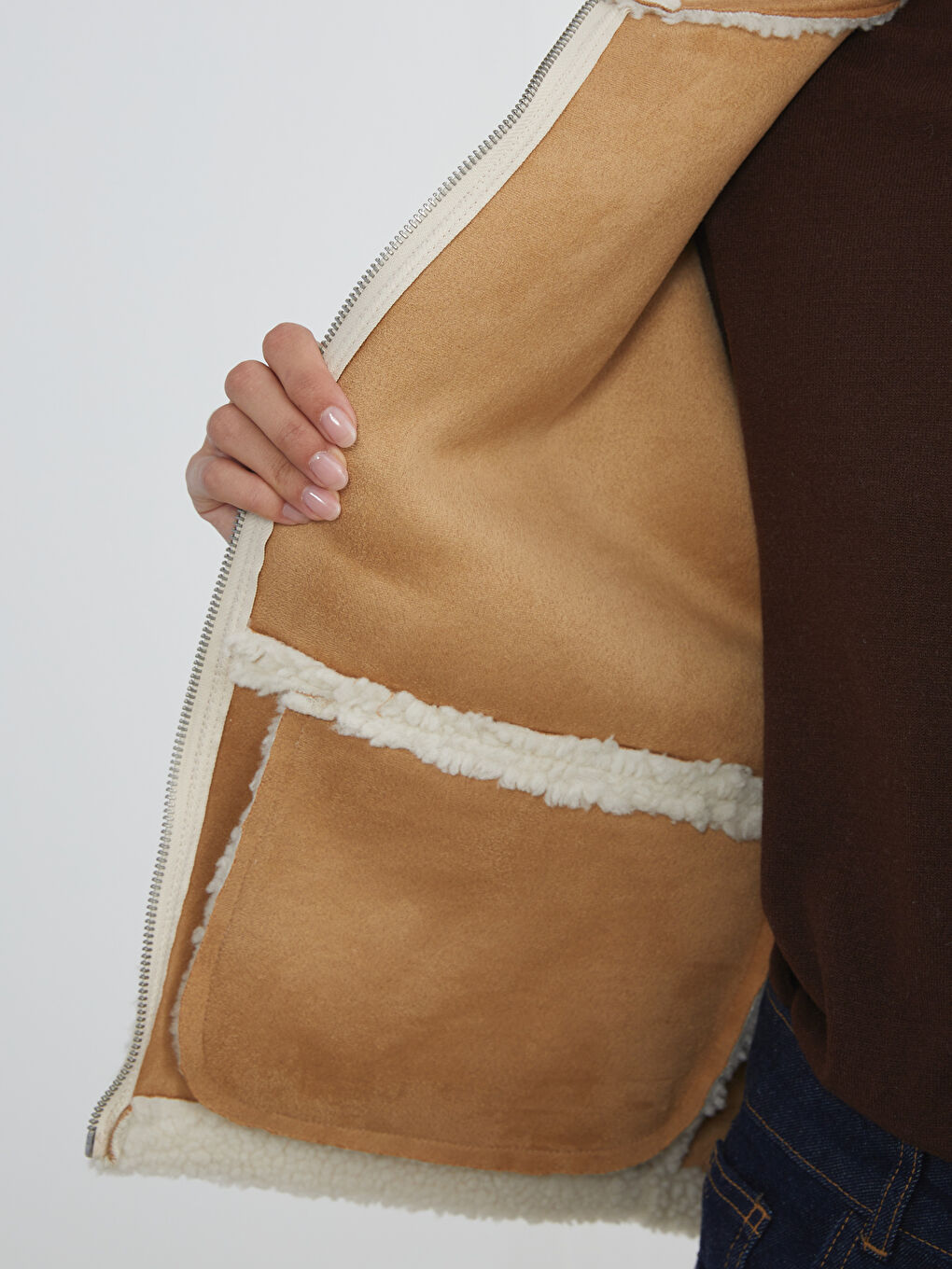 Kapüşonlu Kadın Pelüş Mont-3