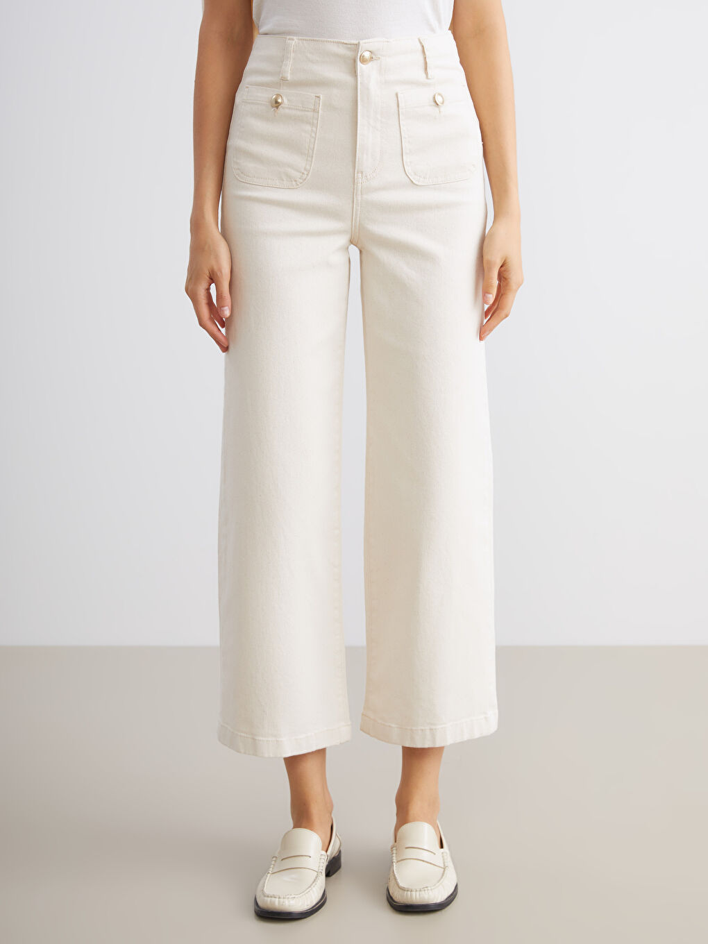 Ekru Wideleg Kadın Jean Pantolon-1