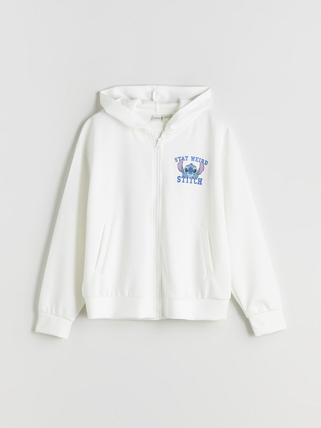 Ekru Kapüşonlu Stitch Baskılı Kız Çocuk Fermuarlı Sweatshirt-1