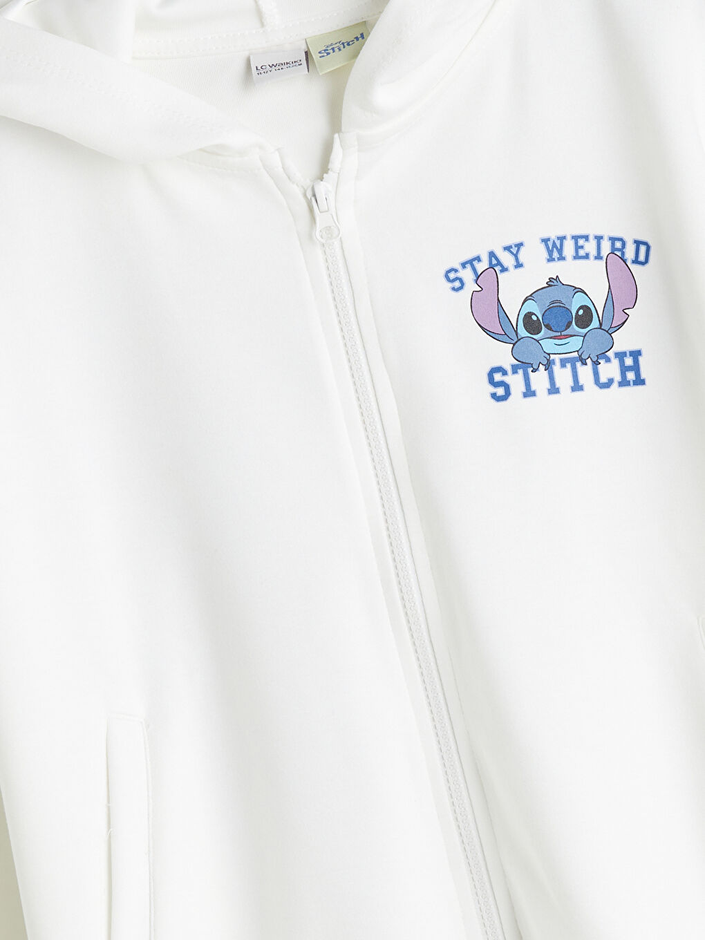 Ekru Kapüşonlu Stitch Baskılı Kız Çocuk Fermuarlı Sweatshirt-2
