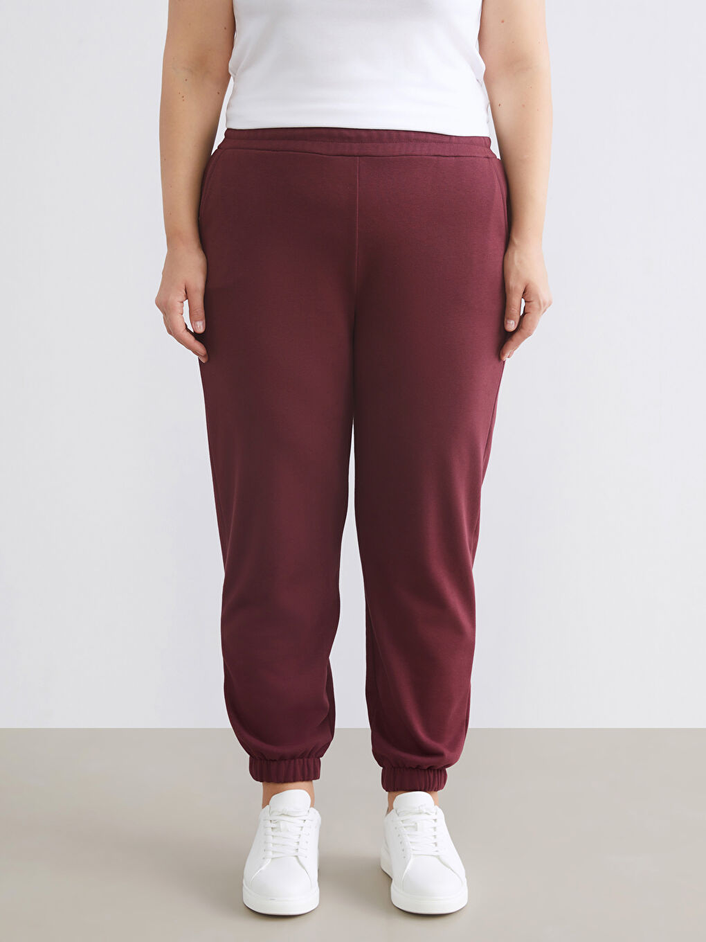 Bordo Beli Lastikli Kadın Jogger Eşofman Altı-5