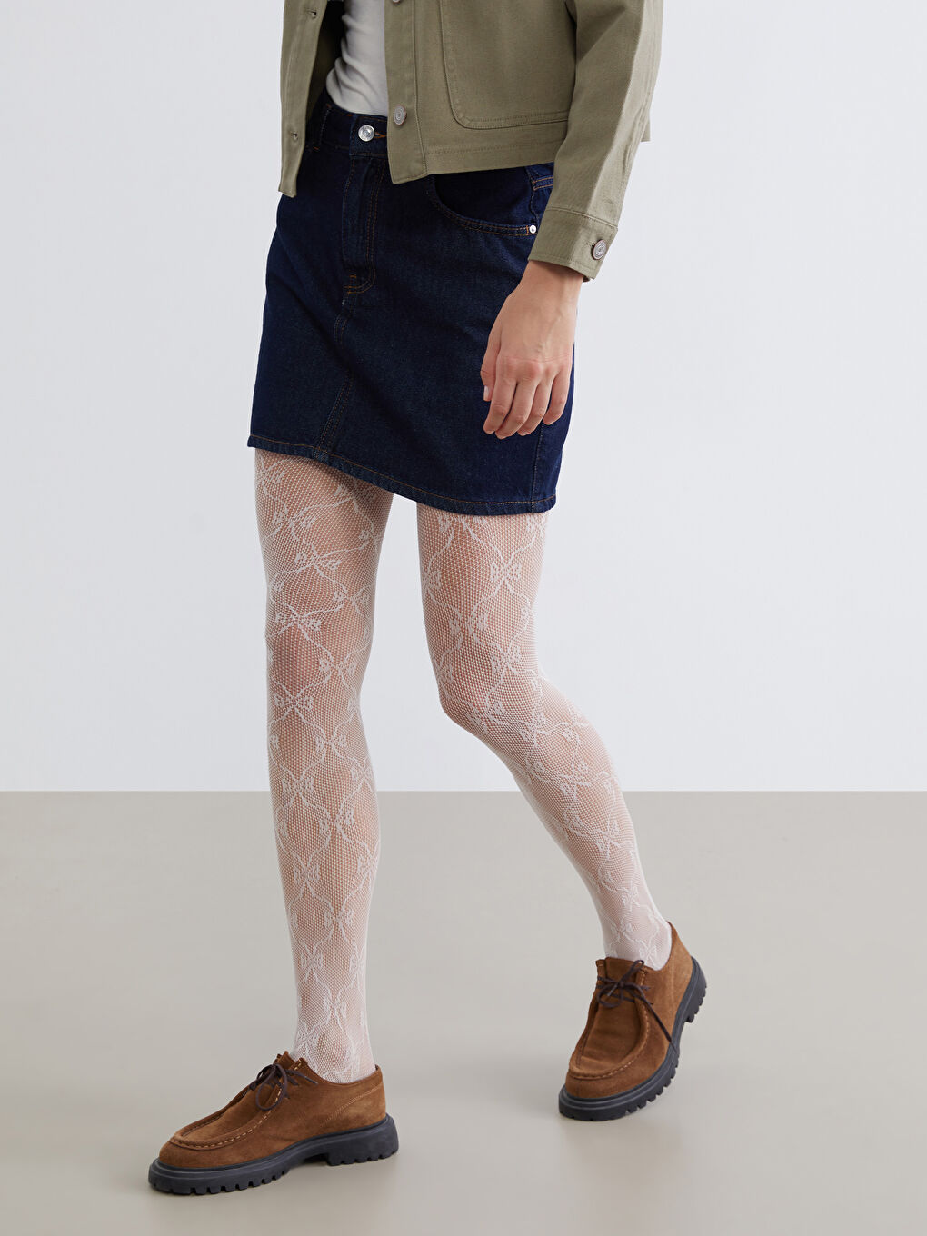 Ekru Desenli Kadın File Külotlu Çorap-1