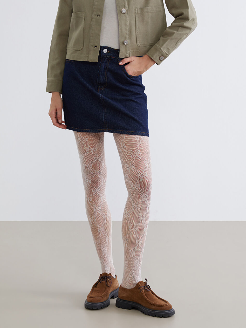 Ekru Desenli Kadın File Külotlu Çorap-2